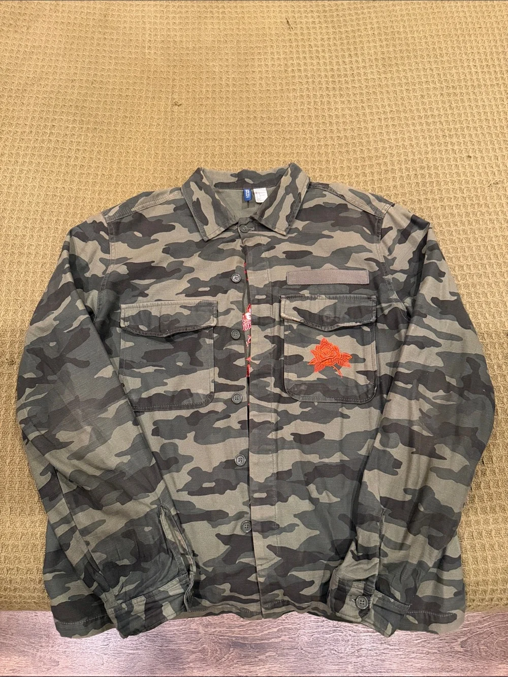 H&M Olive & Dark Green Camouflage Military Field Jacket with Red Patch